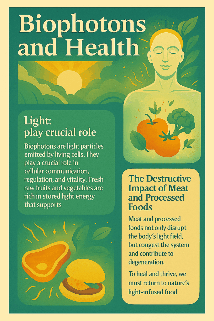 Illustrated infographic showing how biophotons from raw fruits and vegetables support cellular health and vitality, while meat and processed foods disrupt the body’s light field.