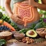 High-fibre whole foods with an illustration of the digestive system