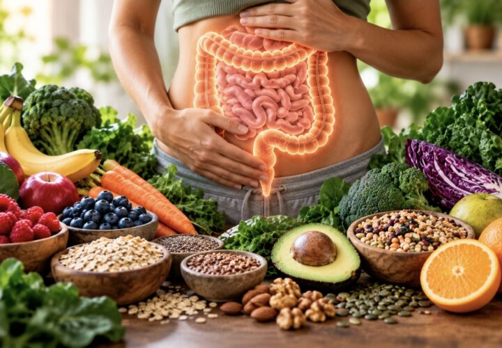 High-fibre whole foods with an illustration of the digestive system