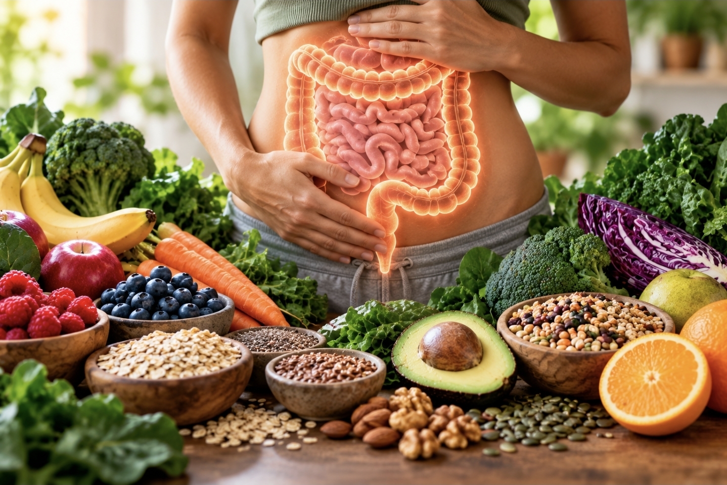 High-fibre whole foods with an illustration of the digestive system