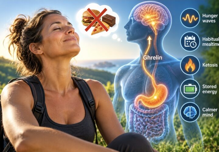 Illustration showing hunger signals, ghrelin, ketosis and stored energy during fasting