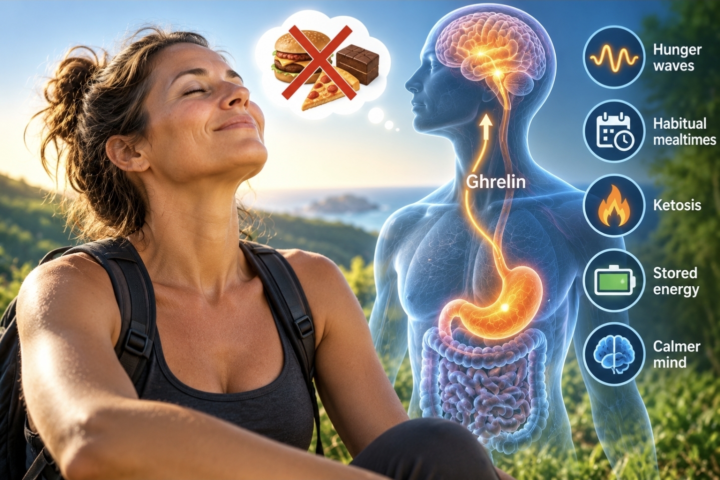 Illustration showing hunger signals, ghrelin, ketosis and stored energy during fasting