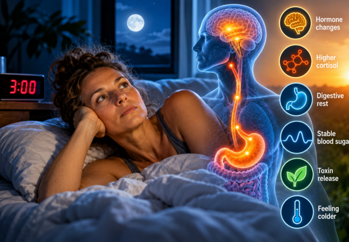 Illustration of sleep disruption during fasting, including wakefulness, metabolism and feeling cold at night