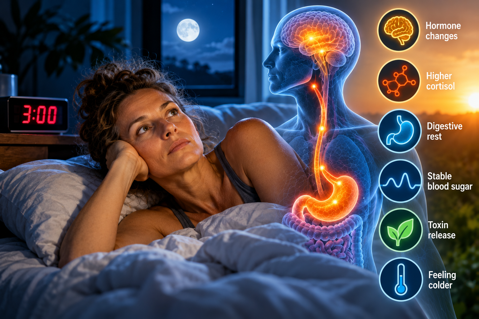 Illustration of sleep disruption during fasting, including wakefulness, metabolism and feeling cold at night