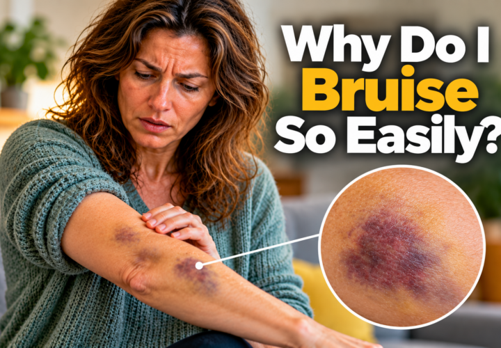 Woman examining unexplained bruises on her arm