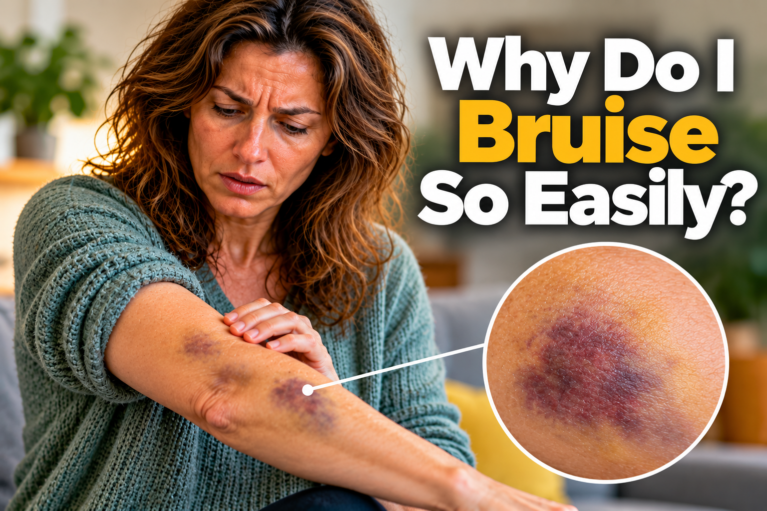 Woman examining unexplained bruises on her arm