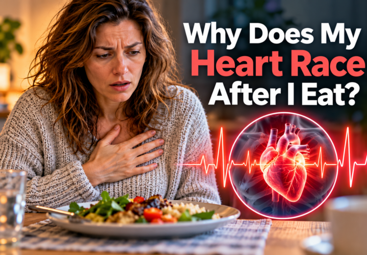 Woman experiencing a racing heartbeat after eating
