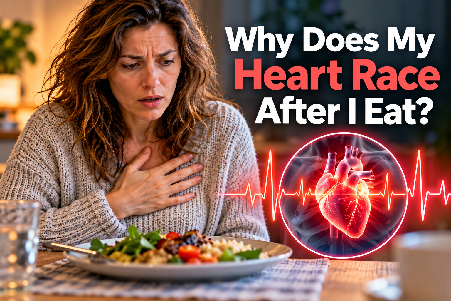 Woman experiencing a racing heartbeat after eating