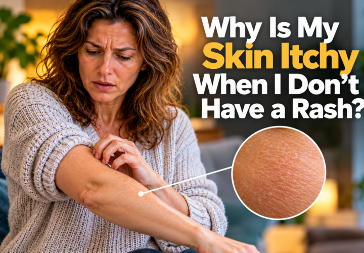 Woman scratching itchy skin without a visible rash