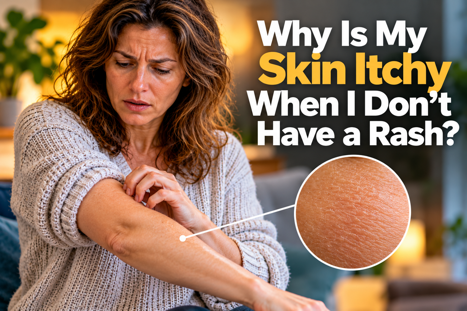 Woman scratching itchy skin without a visible rash